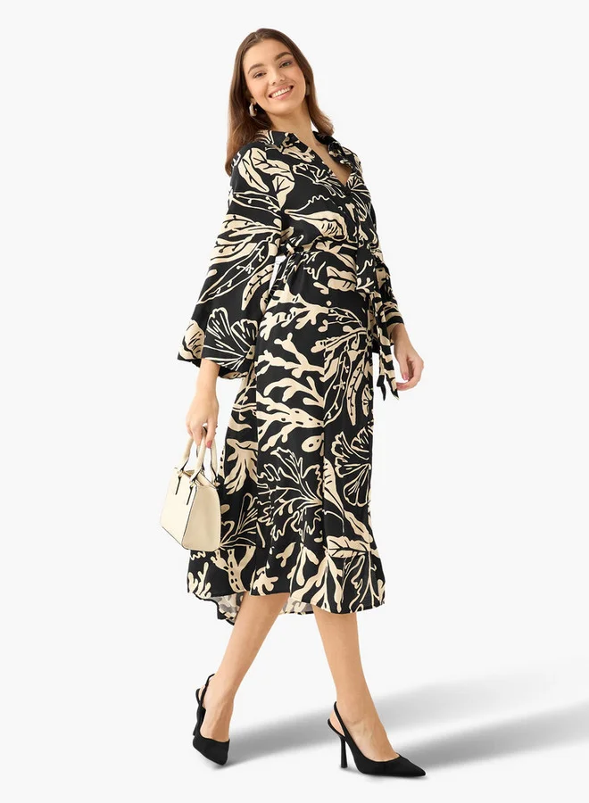 سبلاش فيڤ Leaf Print Viscose Women Shirt Dress with Belt